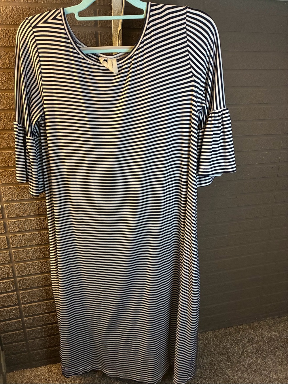 Black and White Striped Midi Dress with Ruffle Sleeves